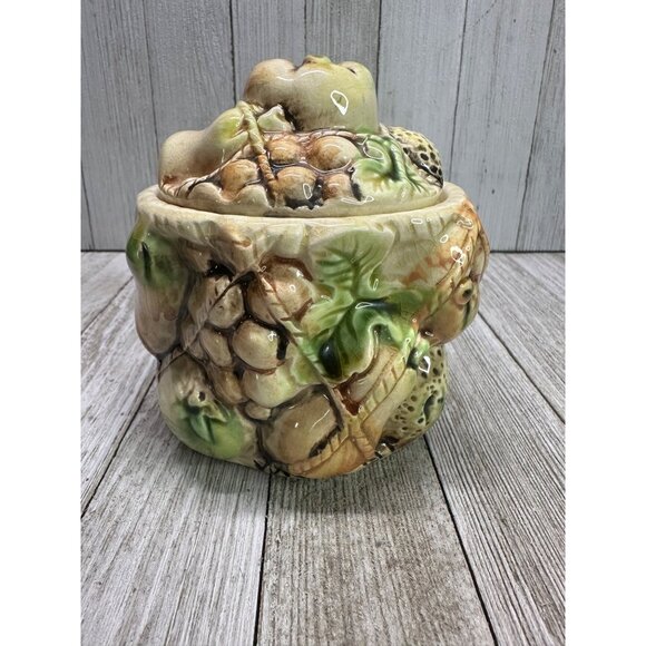 Vtg Ceramic Hand-Painted Tilso Japanese Fruit Decorated Biscuit Jar W/ Lid 4.5" - Picture 1 of 11